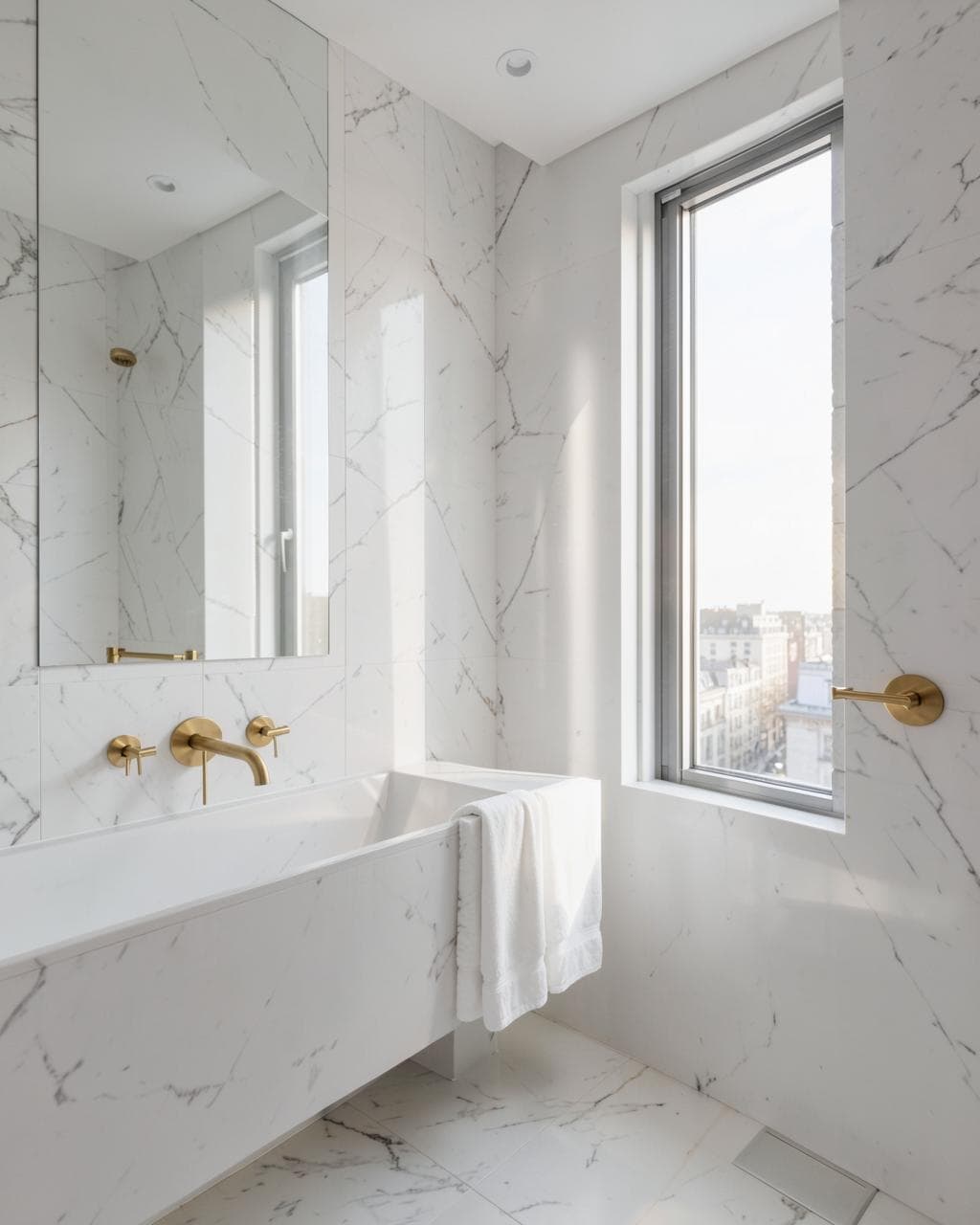Pristine marble bathroom with brass fittings and soft morning light